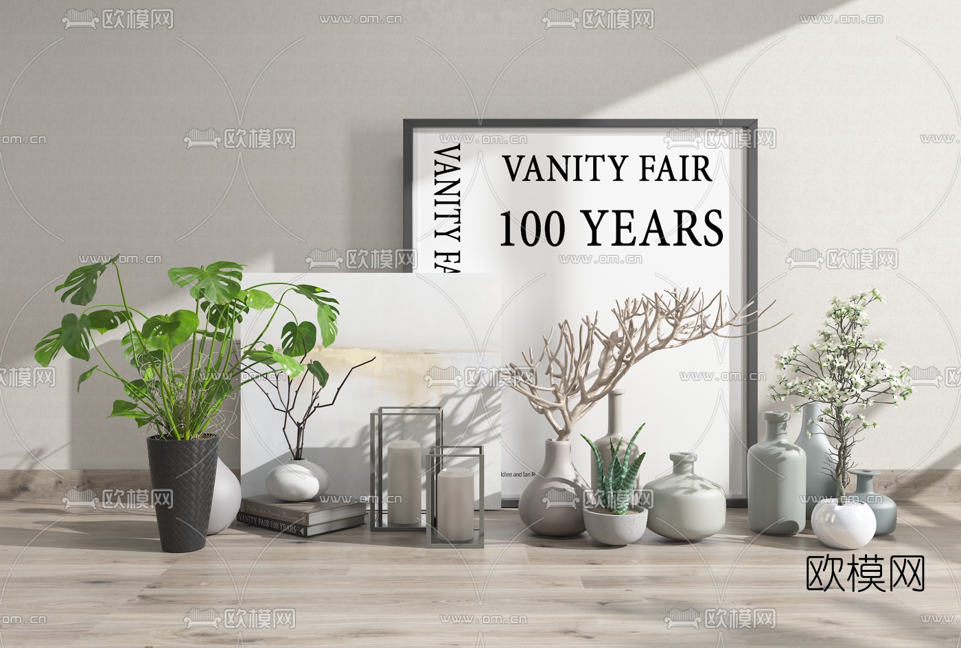 北欧龟背竹花瓶花卉3d模型下载