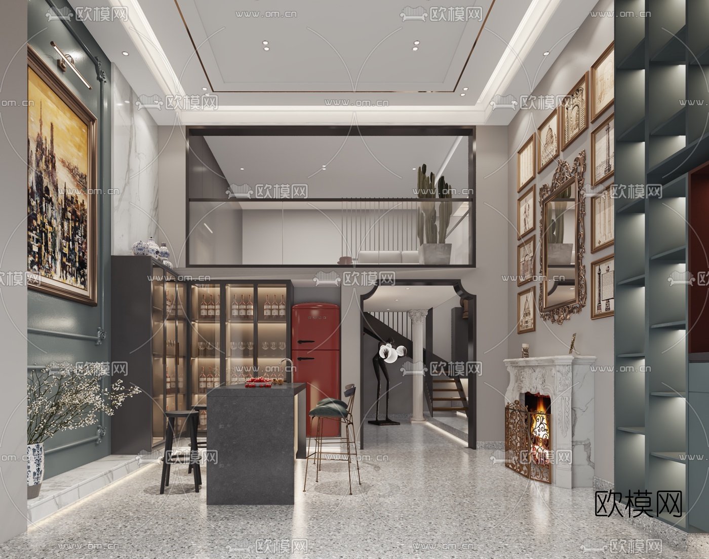简欧别墅负一层休息室红酒室3d模型下载（渲染图2）