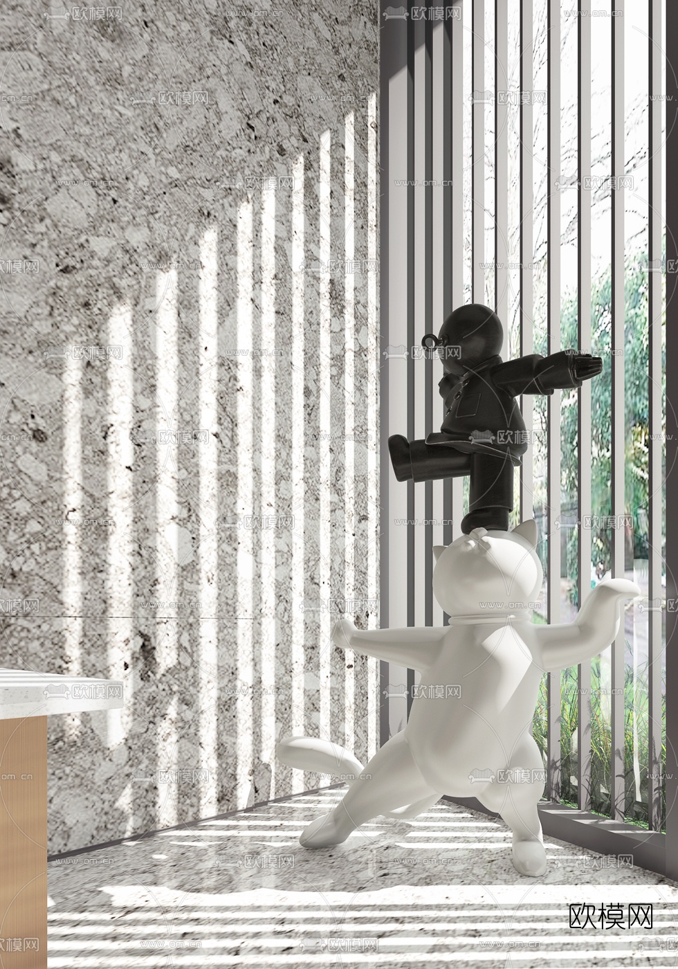 GNU金秋设计 新中式黑白功夫猫咪雕塑3d模型下载