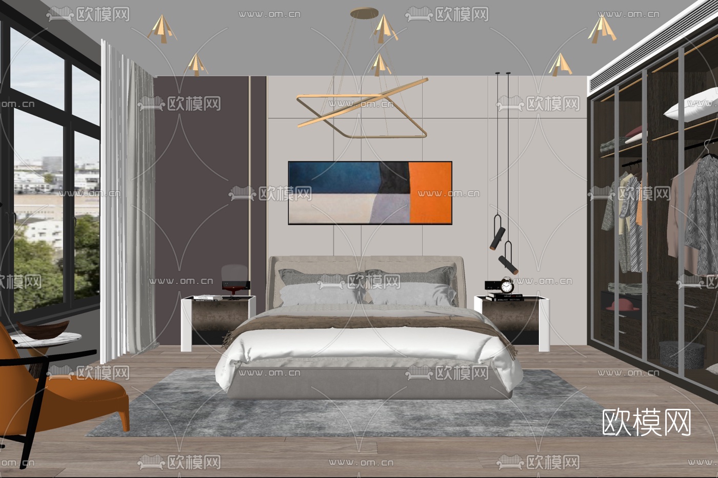 现代布艺双人床su模型下载