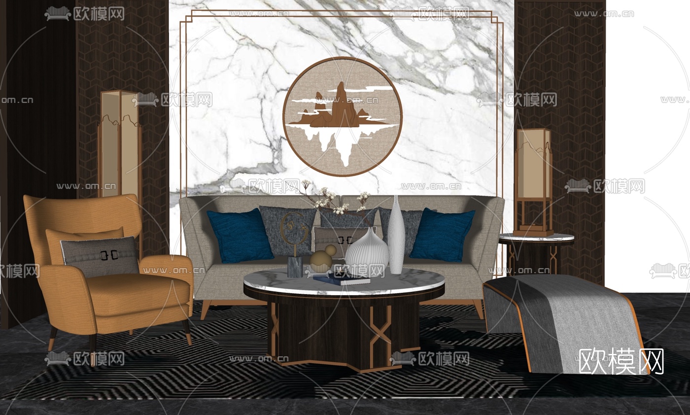 新中式布艺组合沙发su模型下载