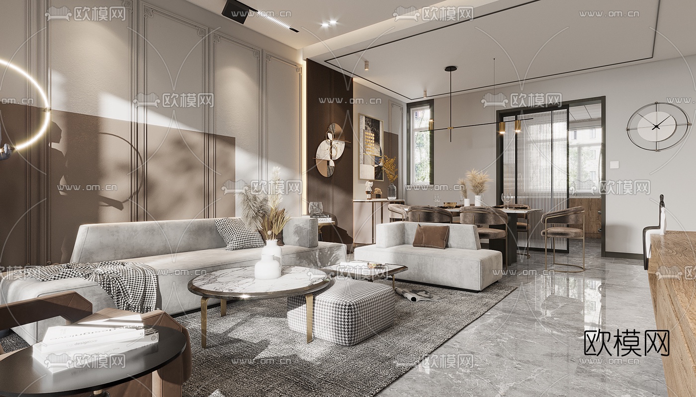 现代轻奢复式客厅餐厅3d模型下载（渲染图3）