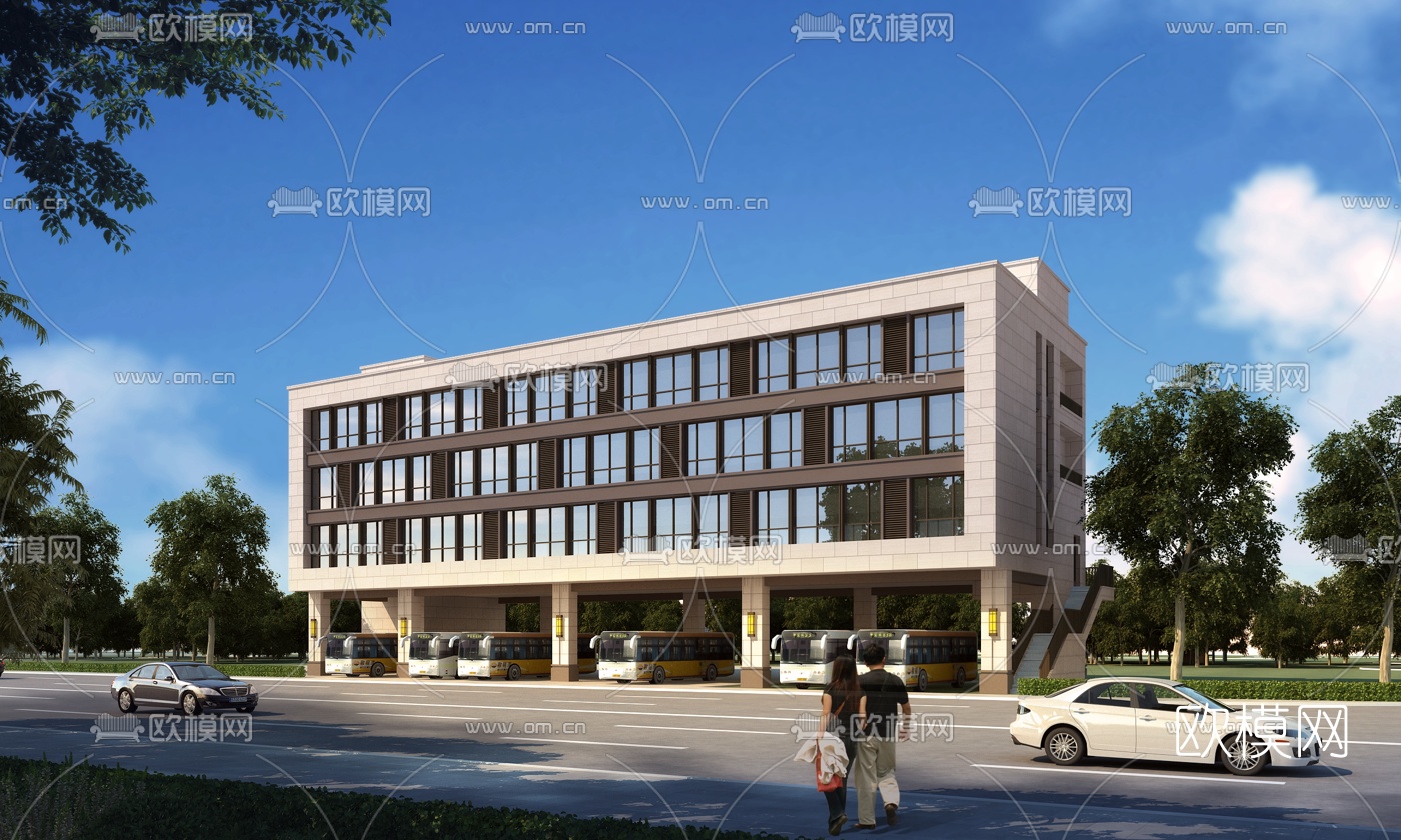 现代公交车站停车楼外观3d模型