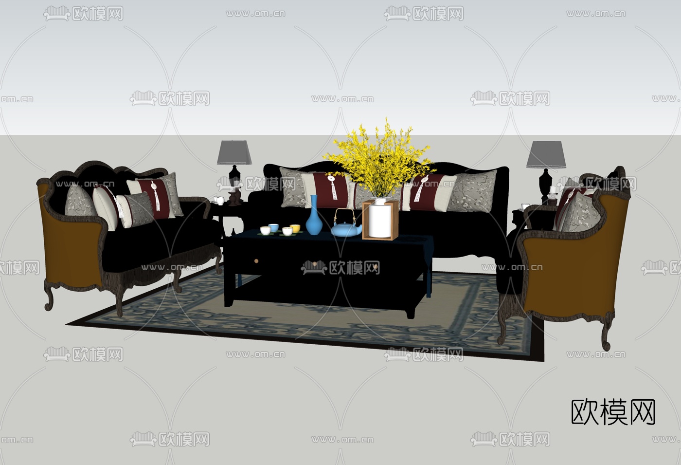 简欧布艺组合沙发su模型下载（渲染图2）