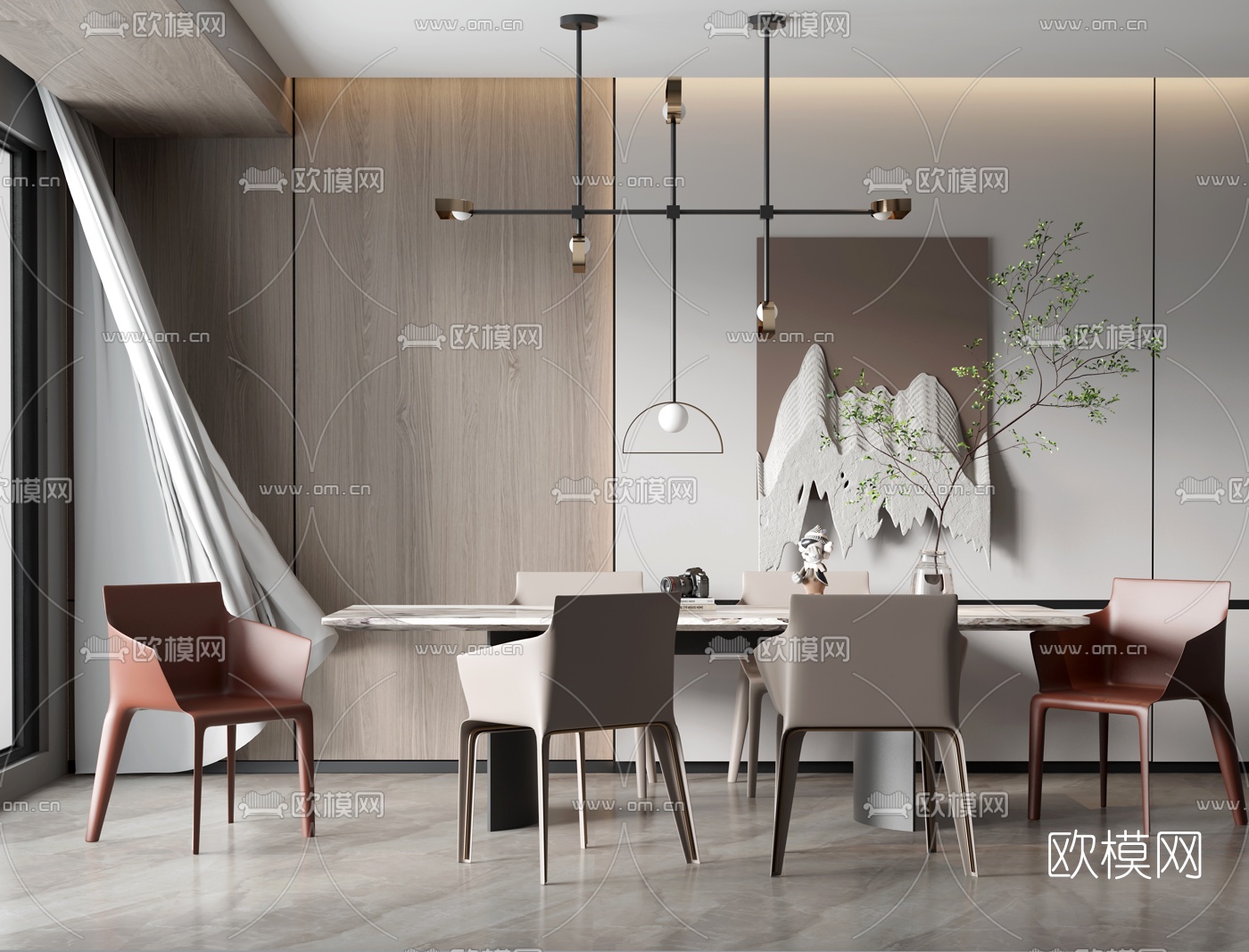 现代大理石条形餐桌椅3d模型