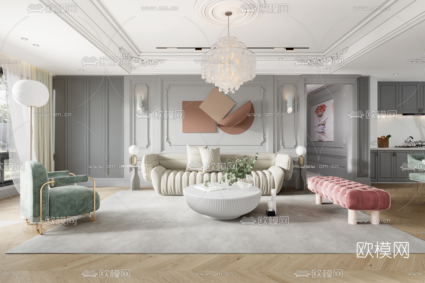 后现代轻奢客厅餐厅3d模型