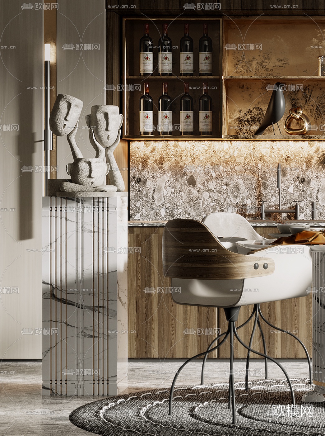 现代大理石圆形餐桌椅3d模型下载（渲染图2）