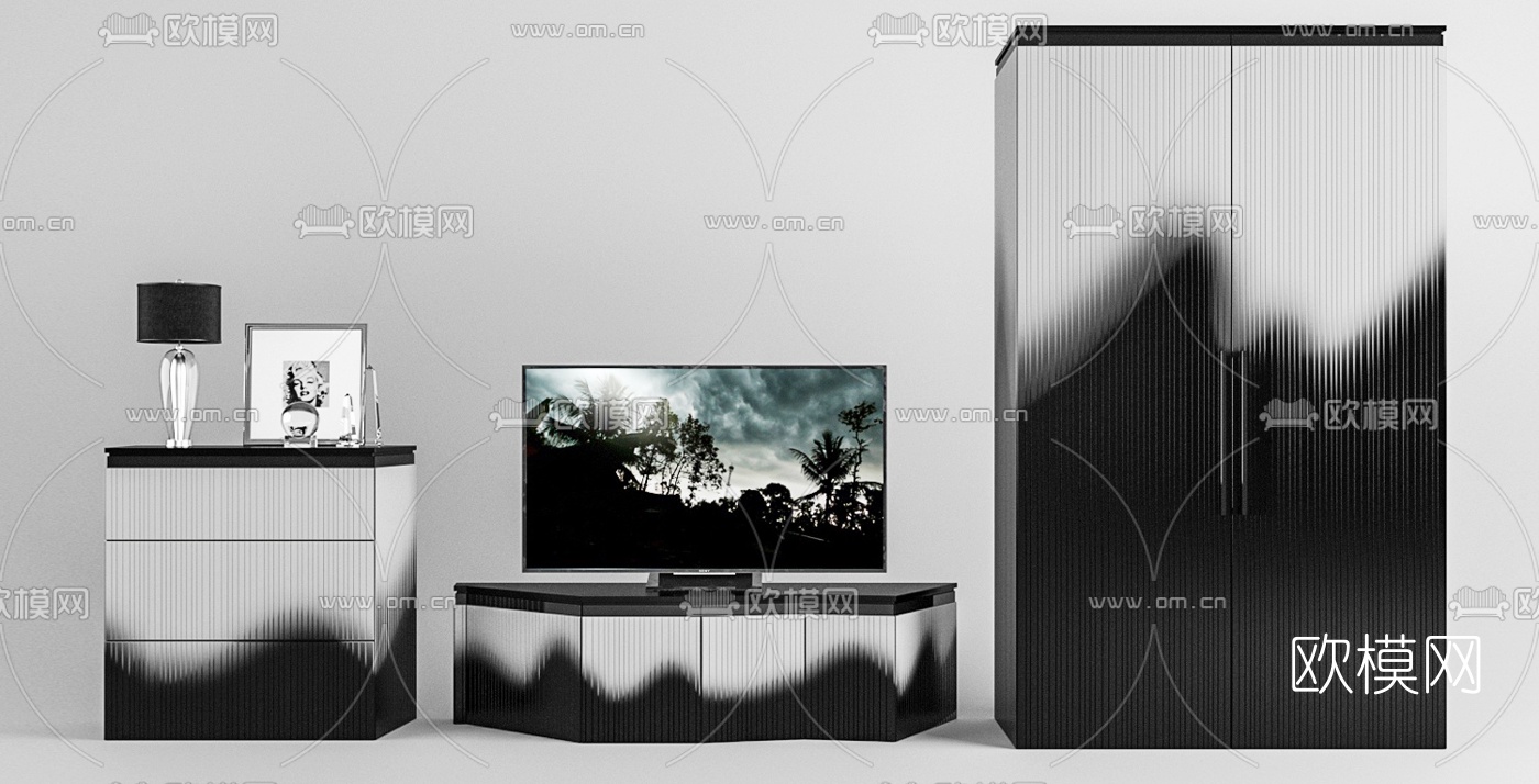 现代黑白电视柜边柜柜免费3d模型下载