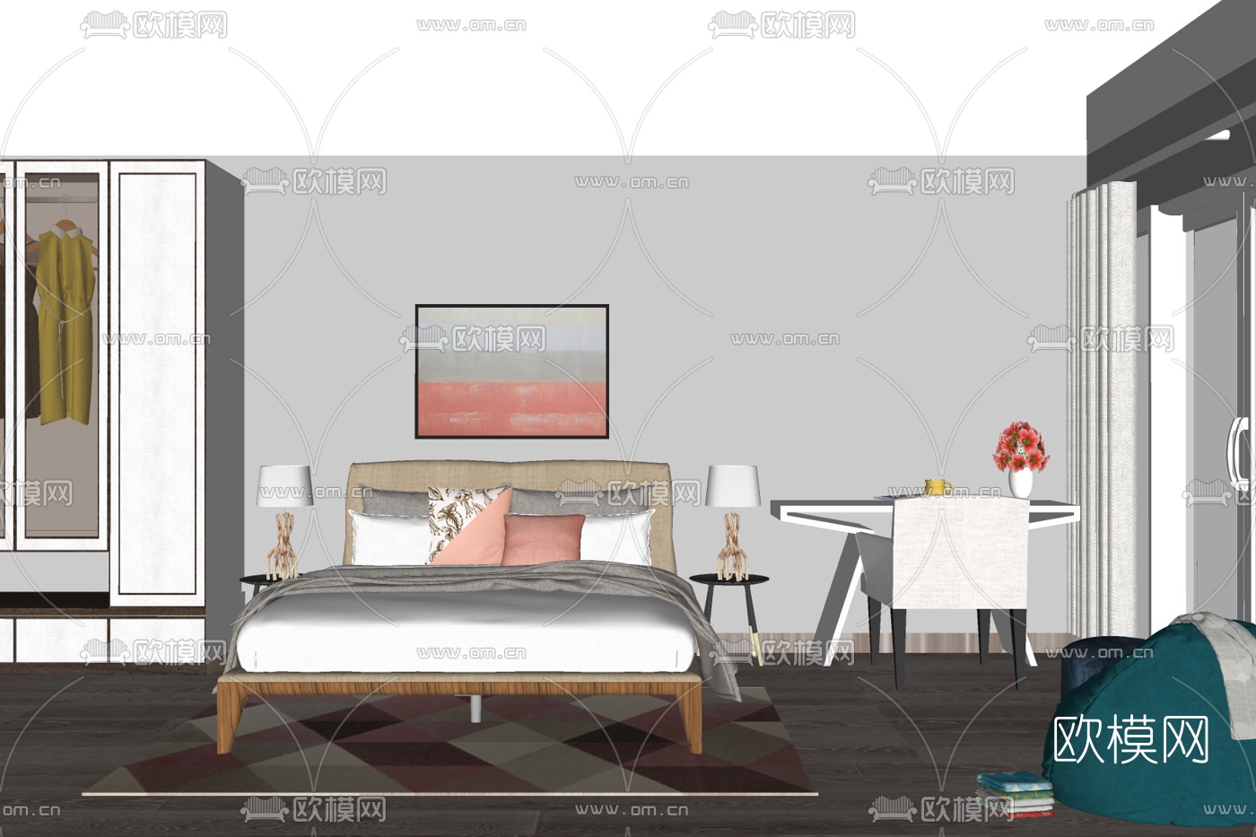 现代实木双人床免费su模型下载