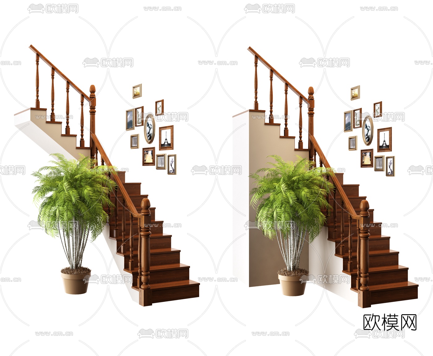 美式实木转角楼梯3d模型下载