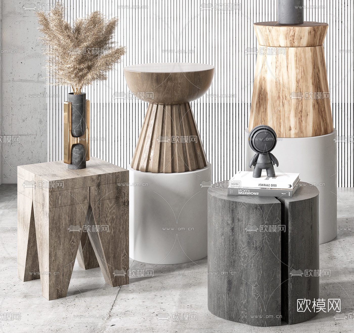 自然风原木圆几边几3d模型下载（渲染图2）