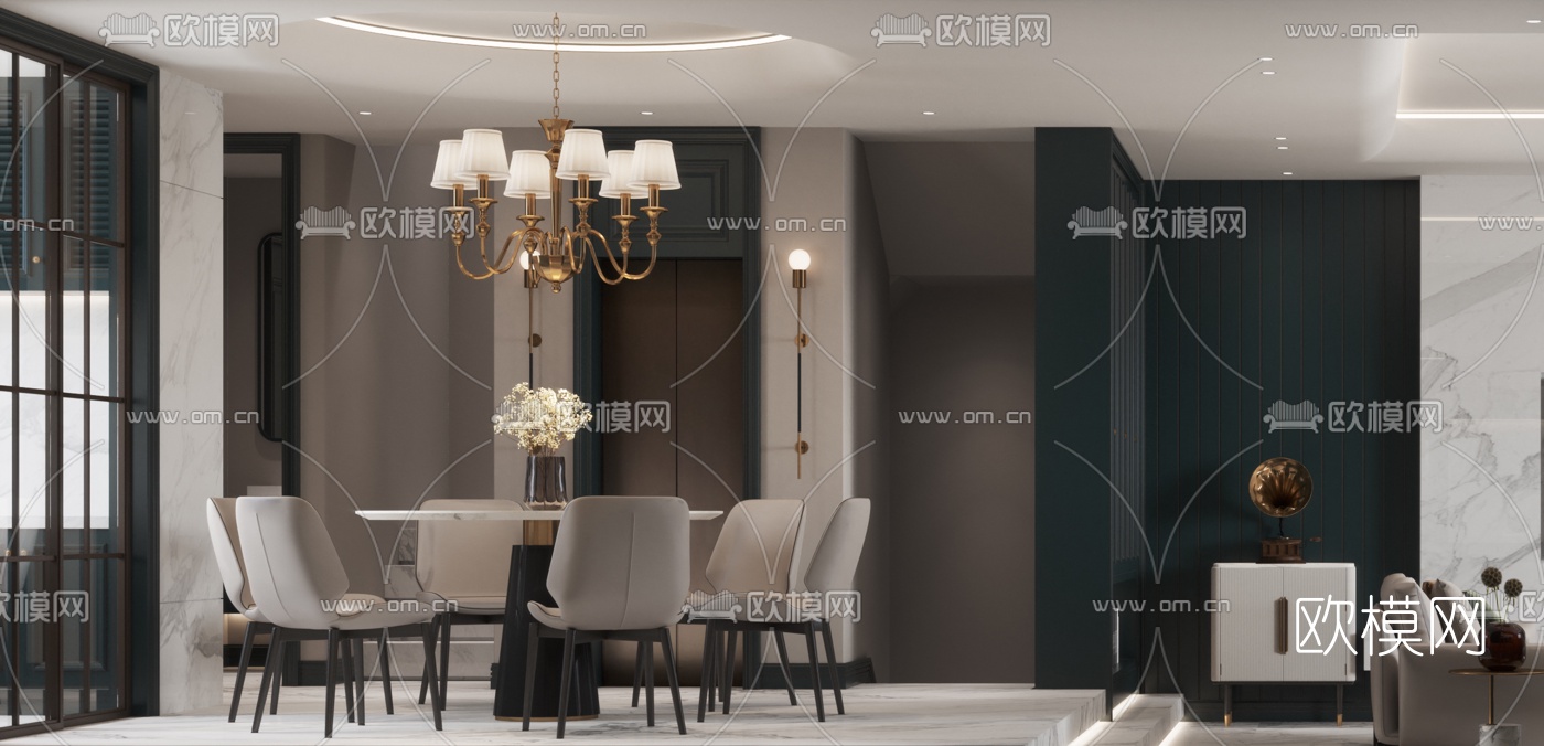 简欧客厅餐厅3d模型下载（渲染图4）