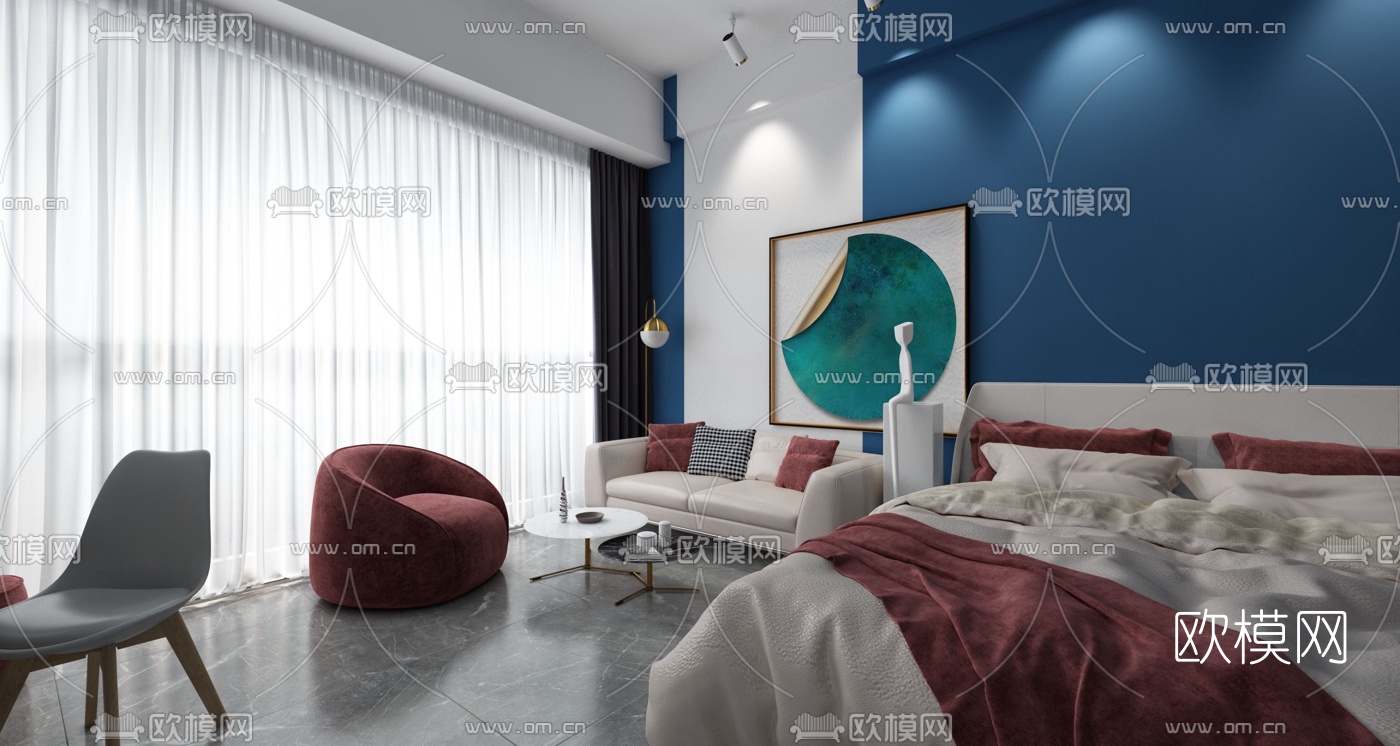 现代公寓卧室免费3d模型下载（渲染图2）
