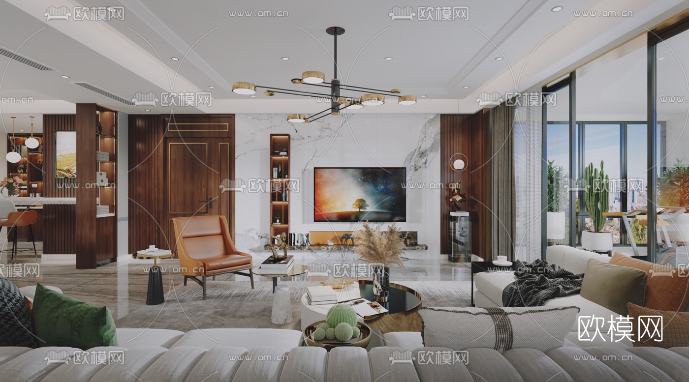 现代轻奢客厅餐厅3d模型下载（渲染图4）