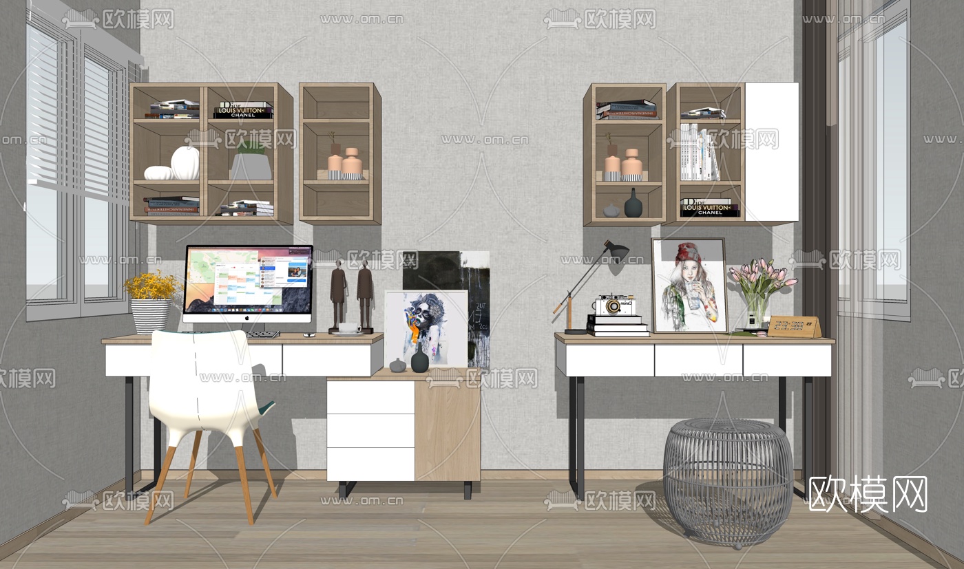 北欧实木书桌椅su模型下载