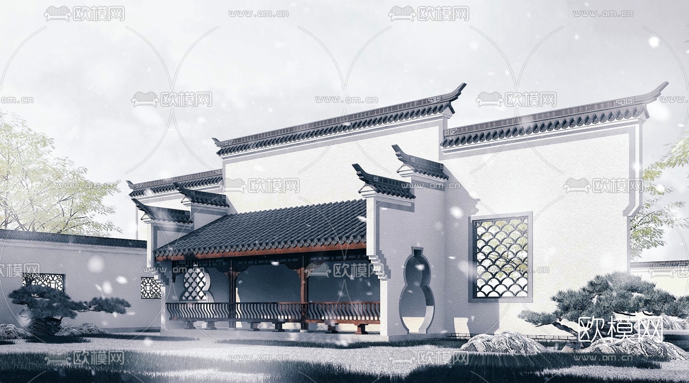 中式古建休闲长廊3d模型下载