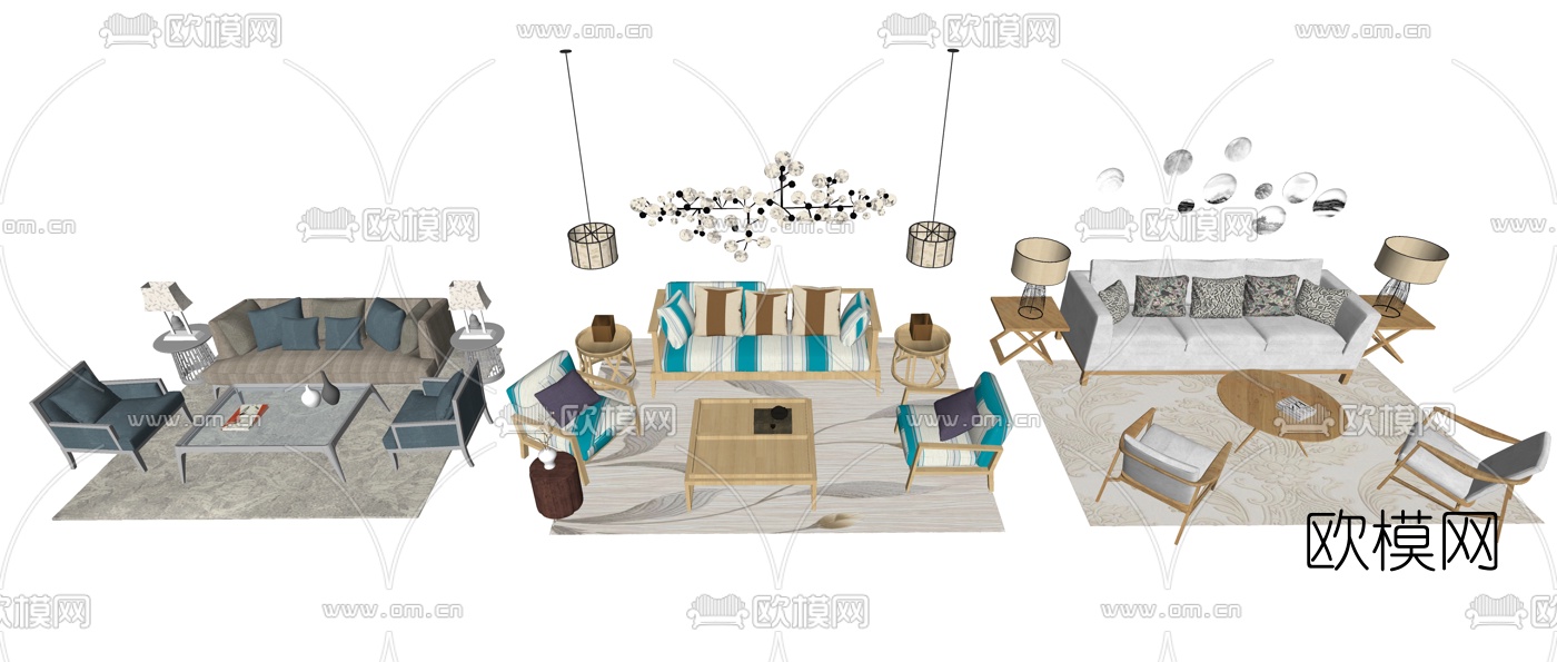 北欧布艺沙发组合su模型下载（渲染图1）