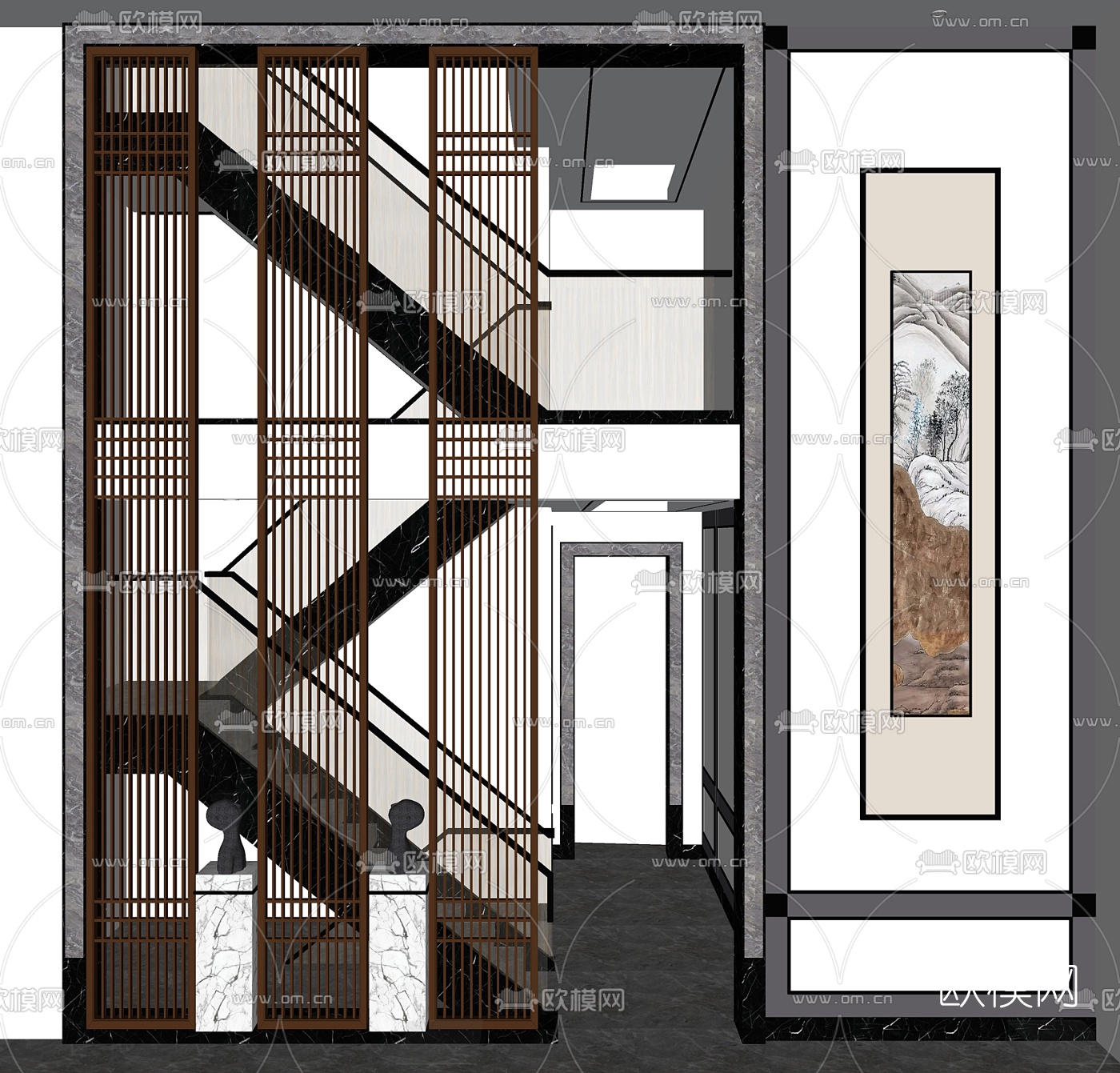 新中式楼梯su模型下载（渲染图3）