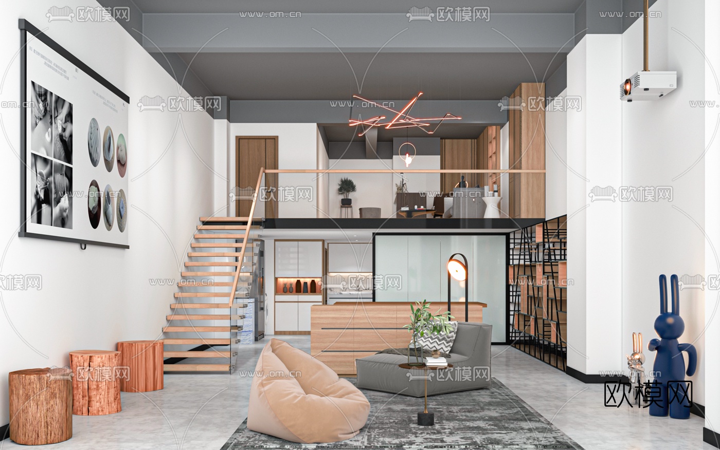 现代复式工作室休息区3d模型下载（渲染图1）