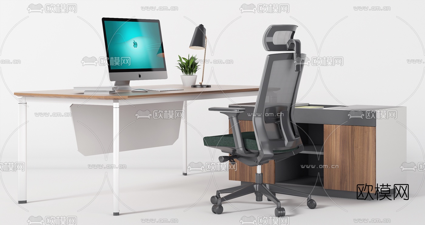现代班台桌办公桌椅3d模型下载（渲染图3）