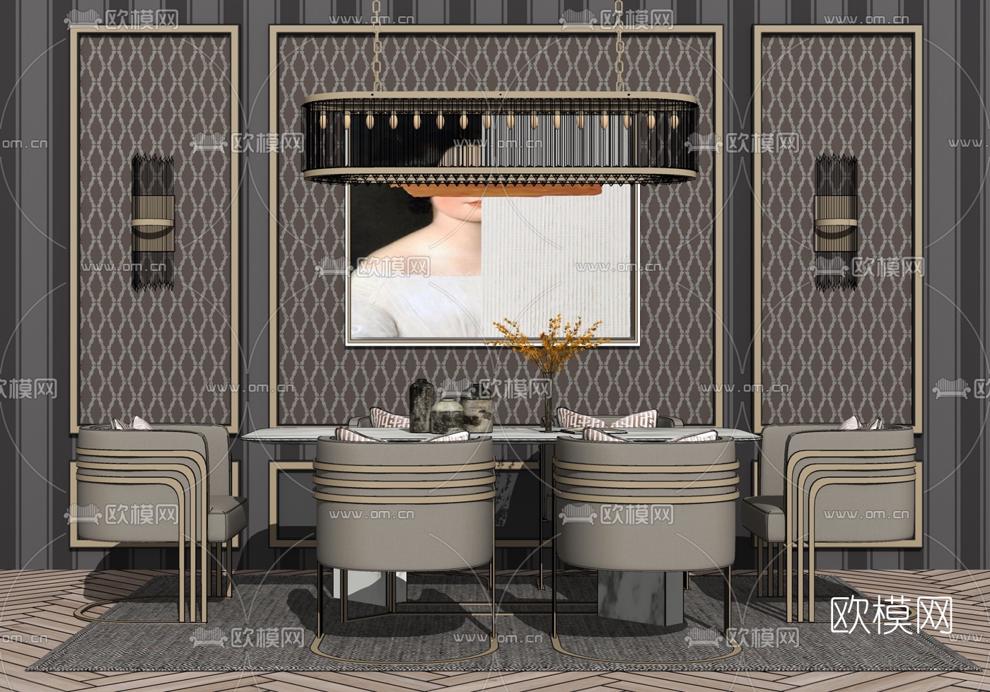 现代轻奢餐桌椅su模型下载（渲染图2）