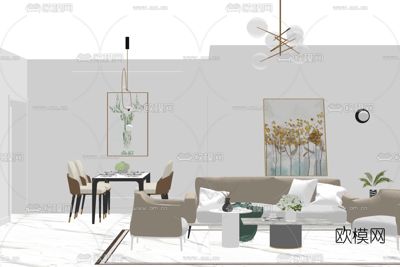 现代布艺组合沙发免费su模型下载