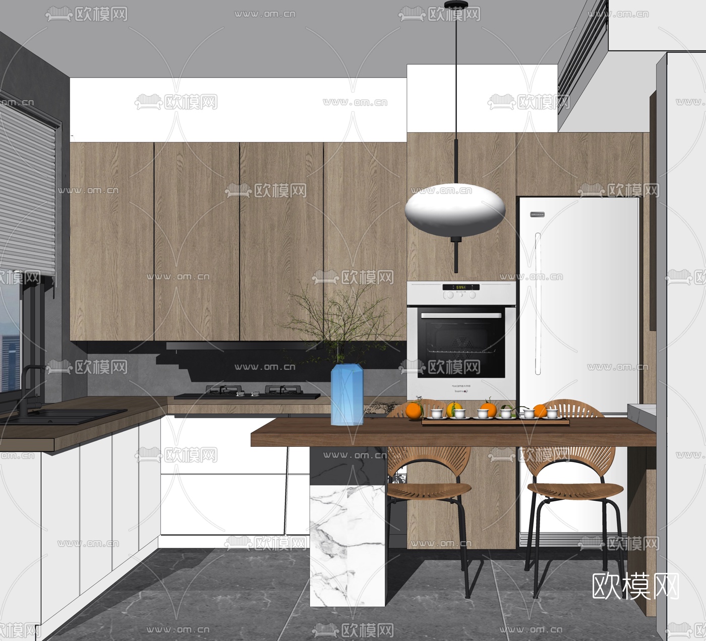 现代厨房餐厅su模型下载（渲染图1）