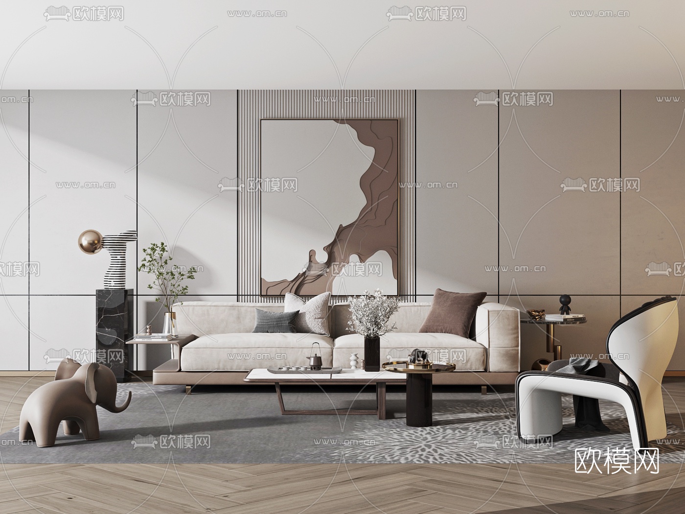 现代布艺双人沙发组合3d模型下载