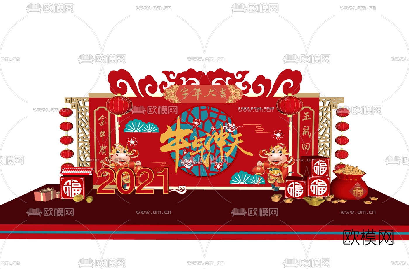 新中式牛年新年美陈su模型下载