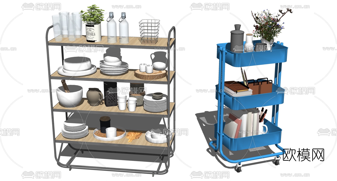 现代推车餐具盘碗su模型