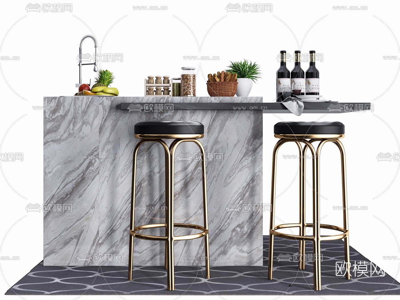 现代轻奢大理石吧台3d模型下载