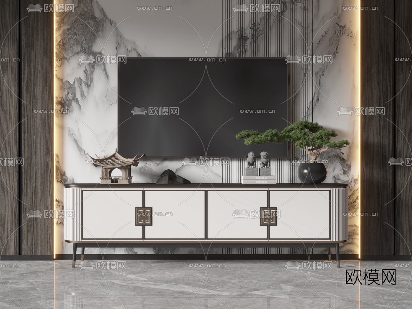 新中式电视柜3d模型下载