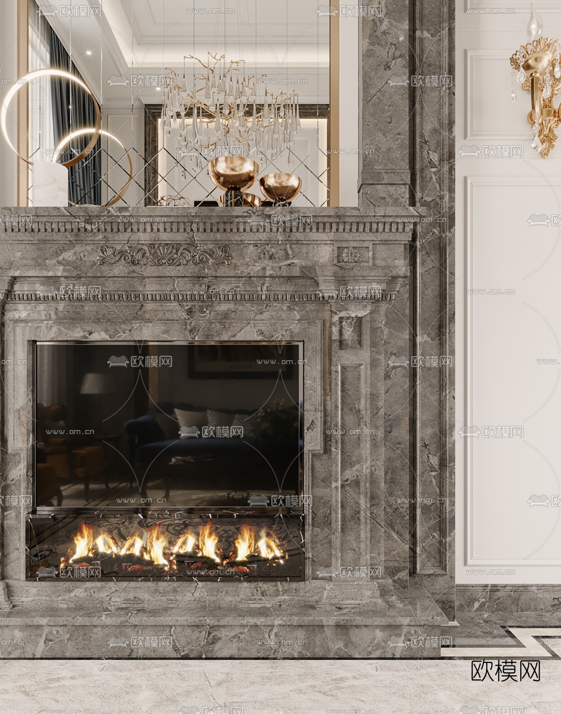 欧式别墅客厅餐厅3d模型下载（渲染图6）