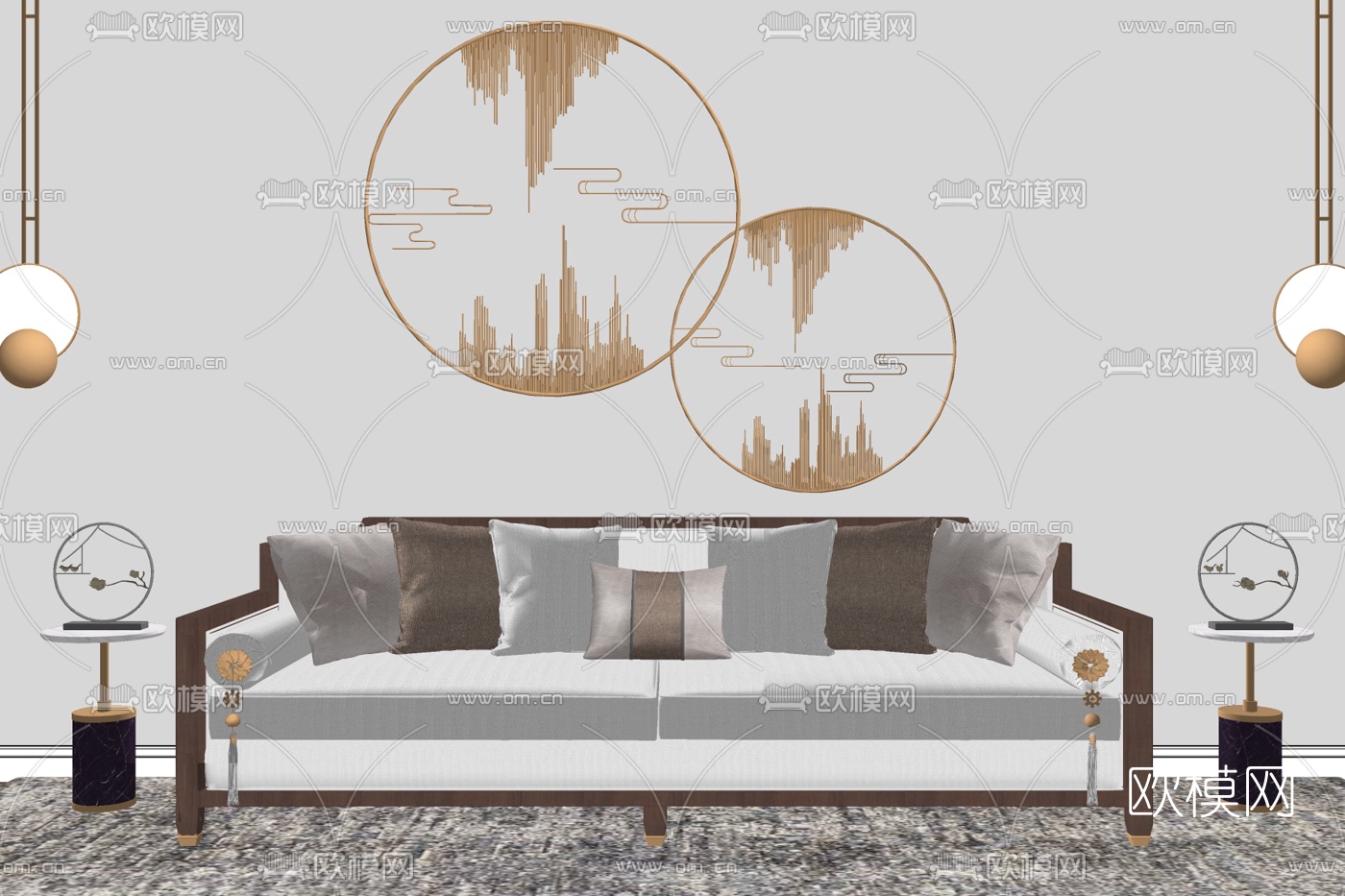 新中式布艺多人沙发su模型下载