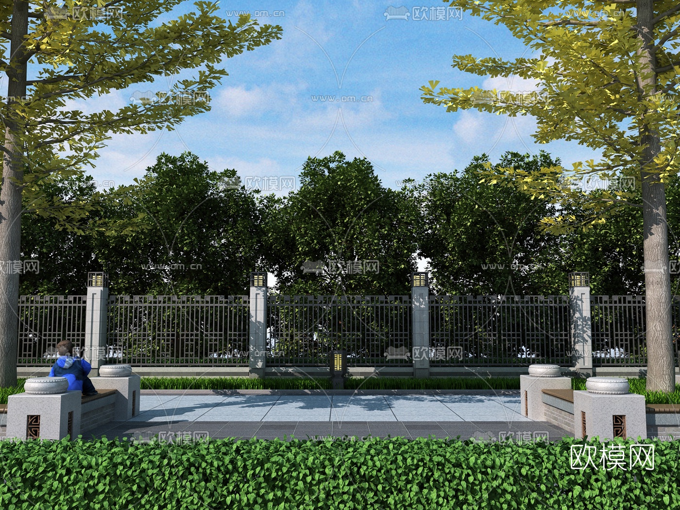 新中式围墙树池3d模型下载（渲染图2）