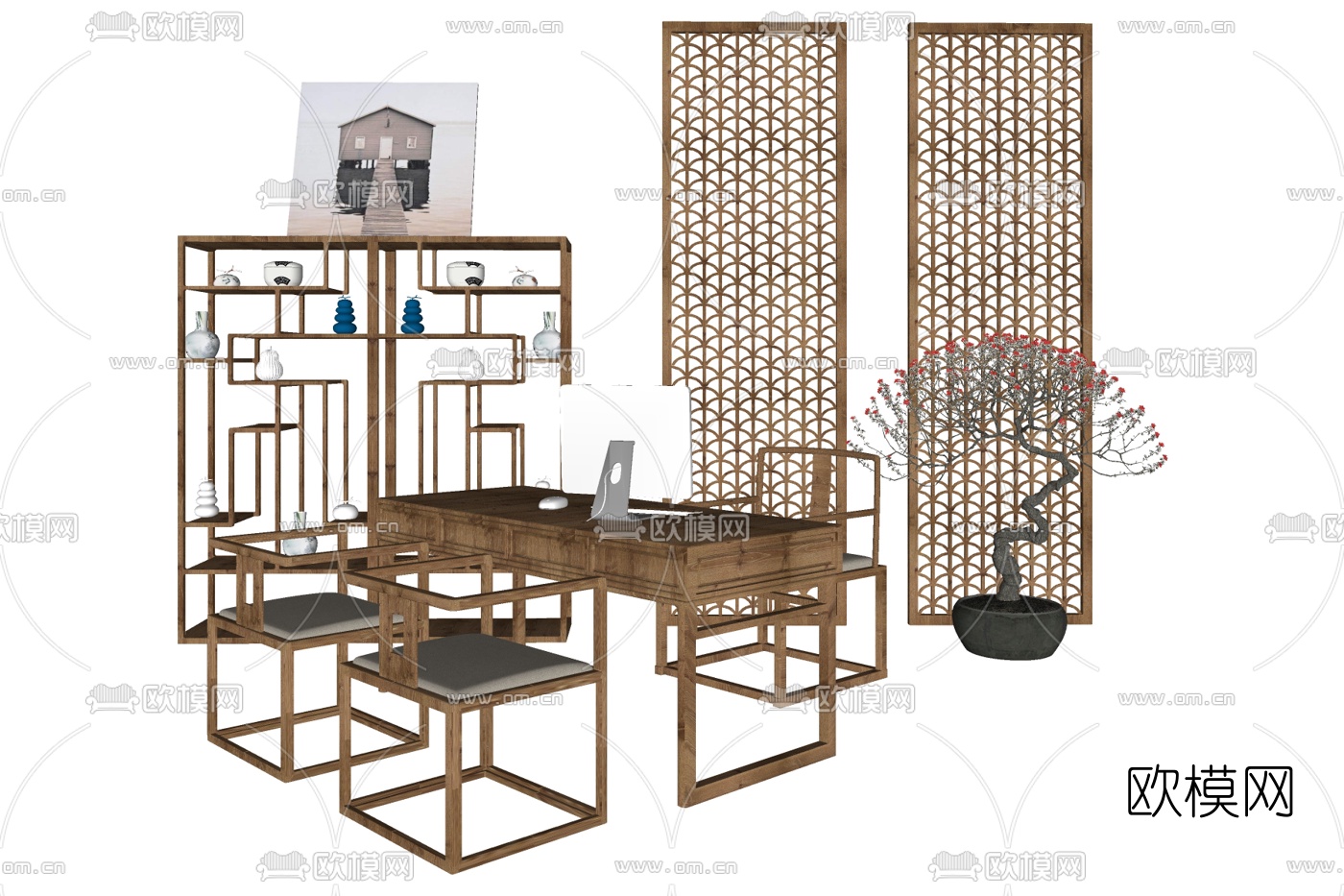 新中式实木班台桌su模型下载
