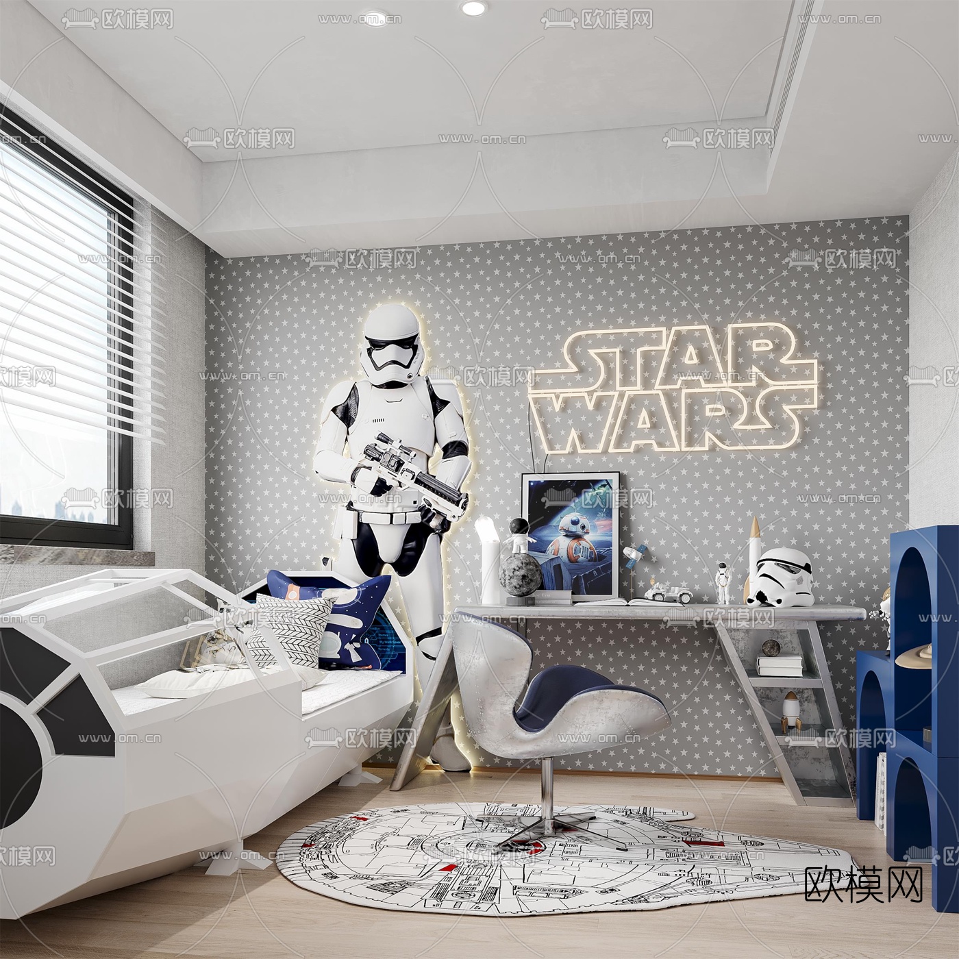 现代儿童房卧室3d模型下载（渲染图1）