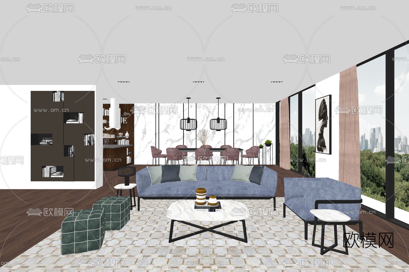 现代布艺组合沙发免费su模型下载