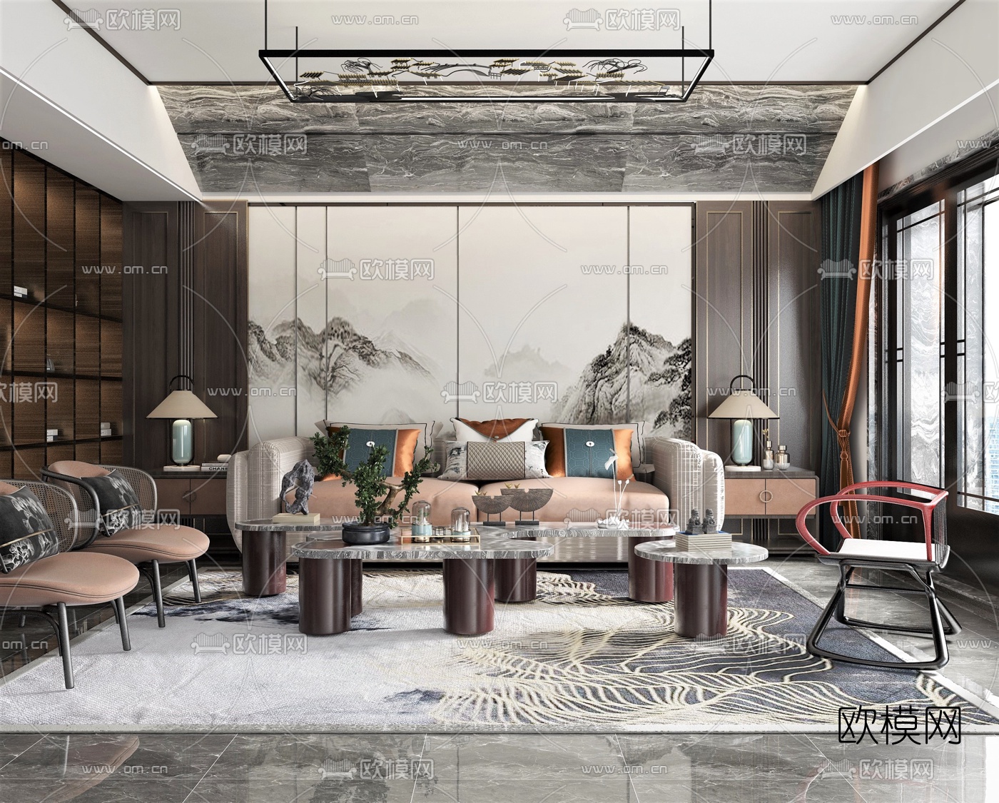 新中式布艺沙发组合3d模型下载（渲染图1）