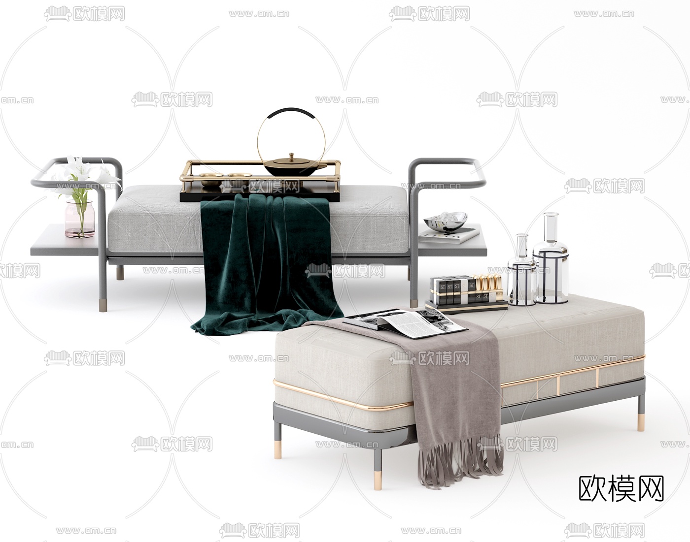 新中式布艺床尾凳3d模型下载