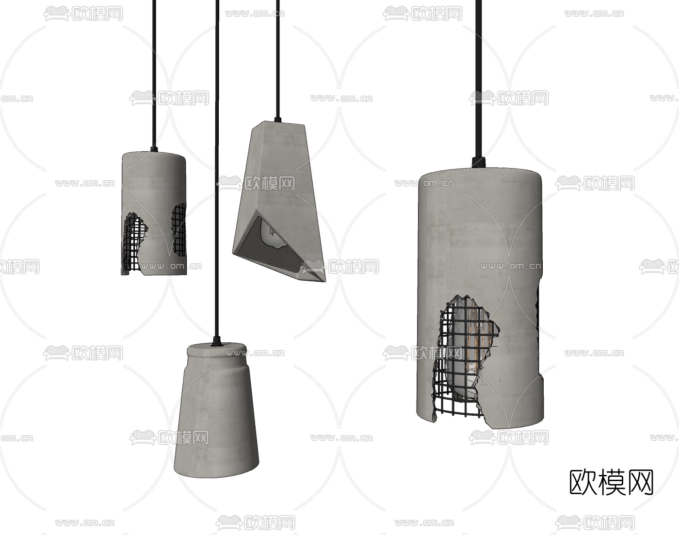 工业风水泥铁艺吊灯su模型下载