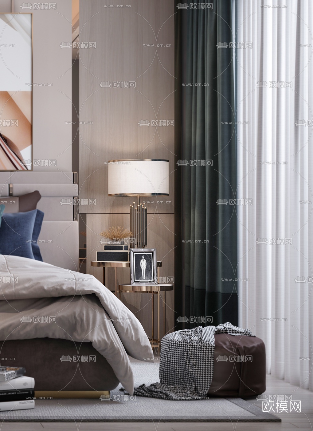 现代轻奢布艺双人床3d模型下载（渲染图2）