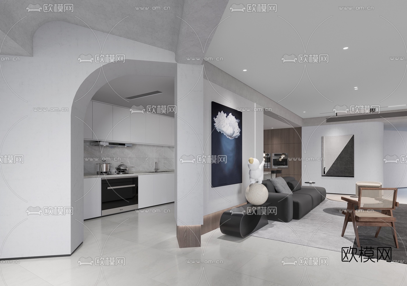 现代高级灰客厅餐厅书房3d模型下载（渲染图4）