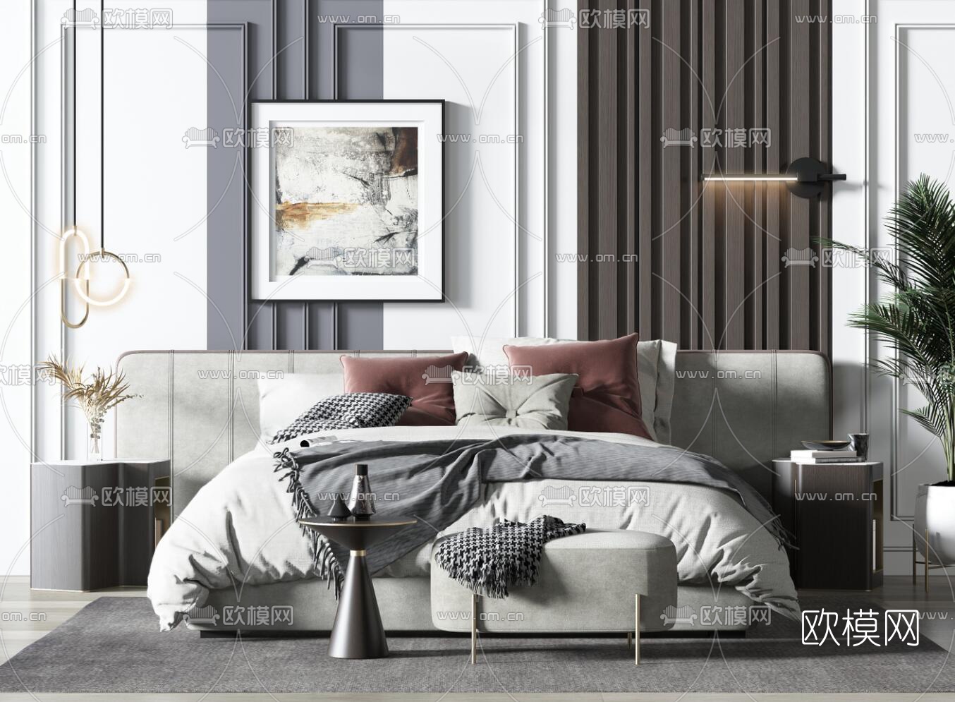 现代布艺双人床3d模型下载