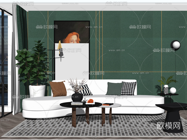 现代布艺弧形沙发组合su模型-免费3dmax模型库-欧模网