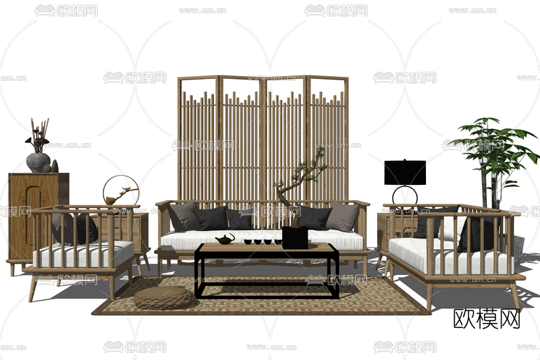 日式实木沙发组合su模型下载（渲染图1）