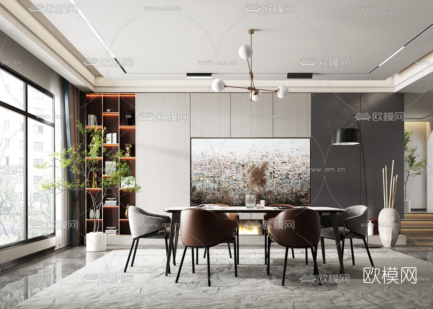 现代条形餐桌椅3d模型