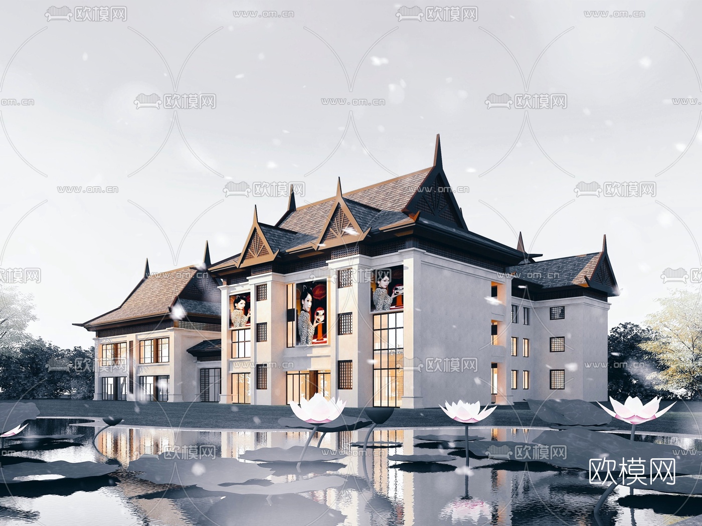 东南亚会所建筑外观3d模型下载