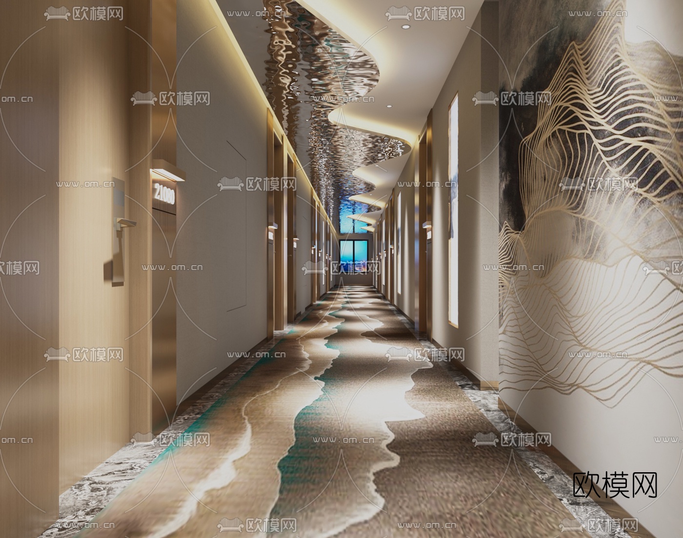 新中式轻奢酒店客房过道3d模型