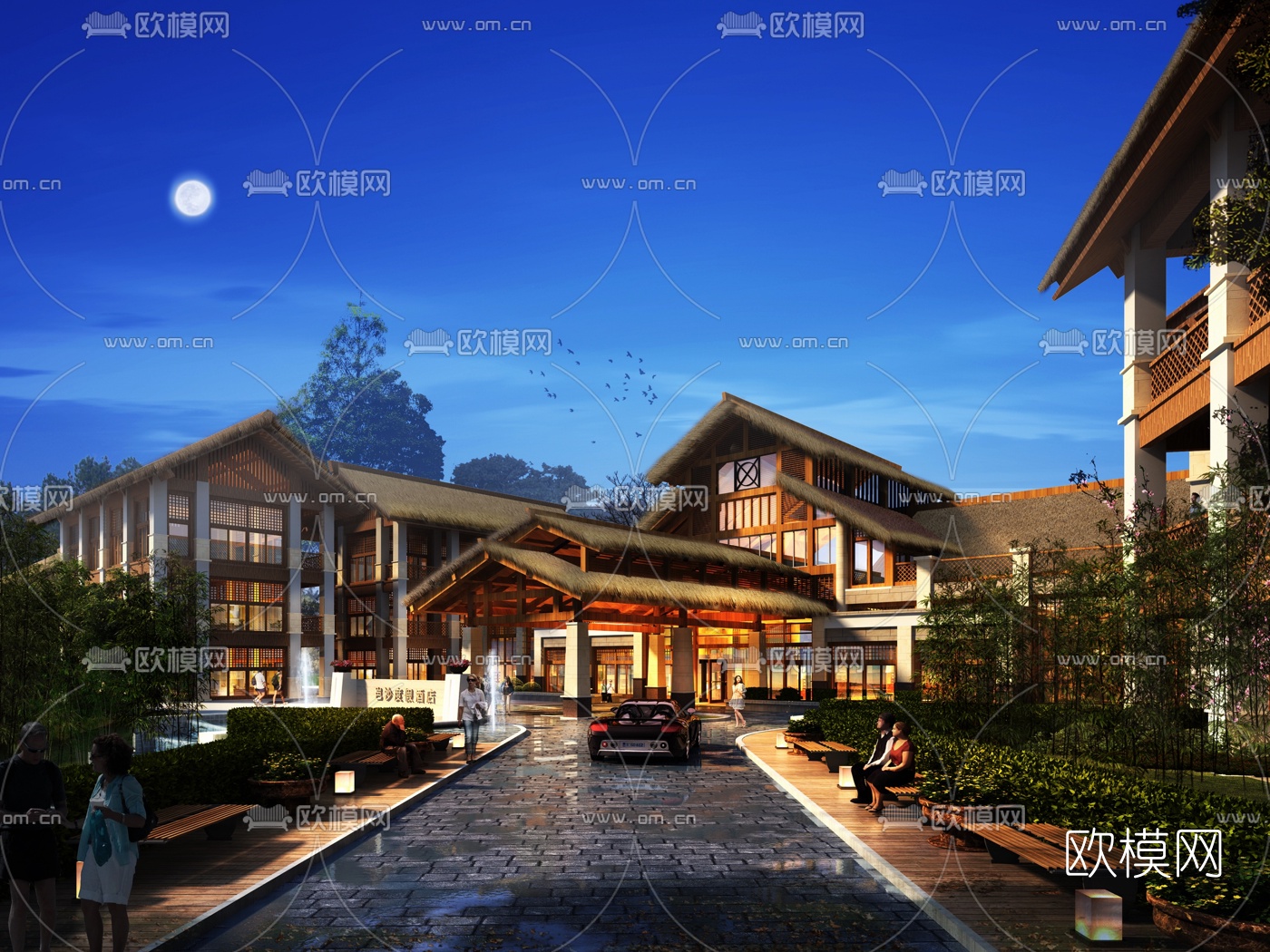 自然风酒店外观夜景3d模型